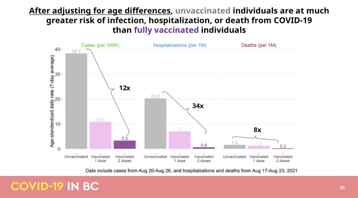 Adjusted for age difference, unvaccinated individuals are

12x greater risk of infection
34x greater risk of hospitalization 
8x greater risk of death from COVID-19

than fully vaccinated individuals.