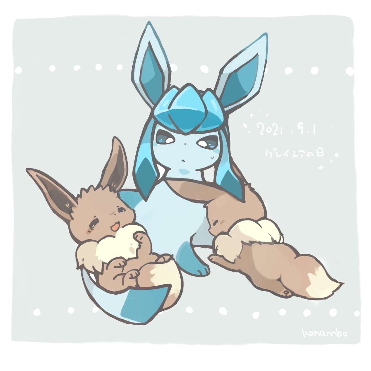 eevee ,glaceon pokemon (creature) no humans dated closed mouth open mouth closed eyes smile  illustration images