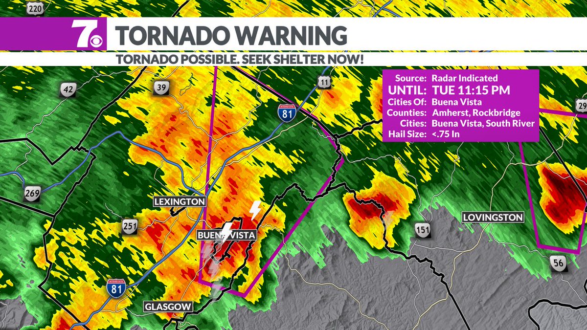 WDBJ7 First Alert Hometown Weather (@wdbj7weather) on Twitter photo Another tornado warning in Rockbridge County. Take cover now in Buena Vista and areas to the north! #vawx Another tornado warning in Rockbridge County. Take cover now in Buena Vista and areas to the north! #vawx