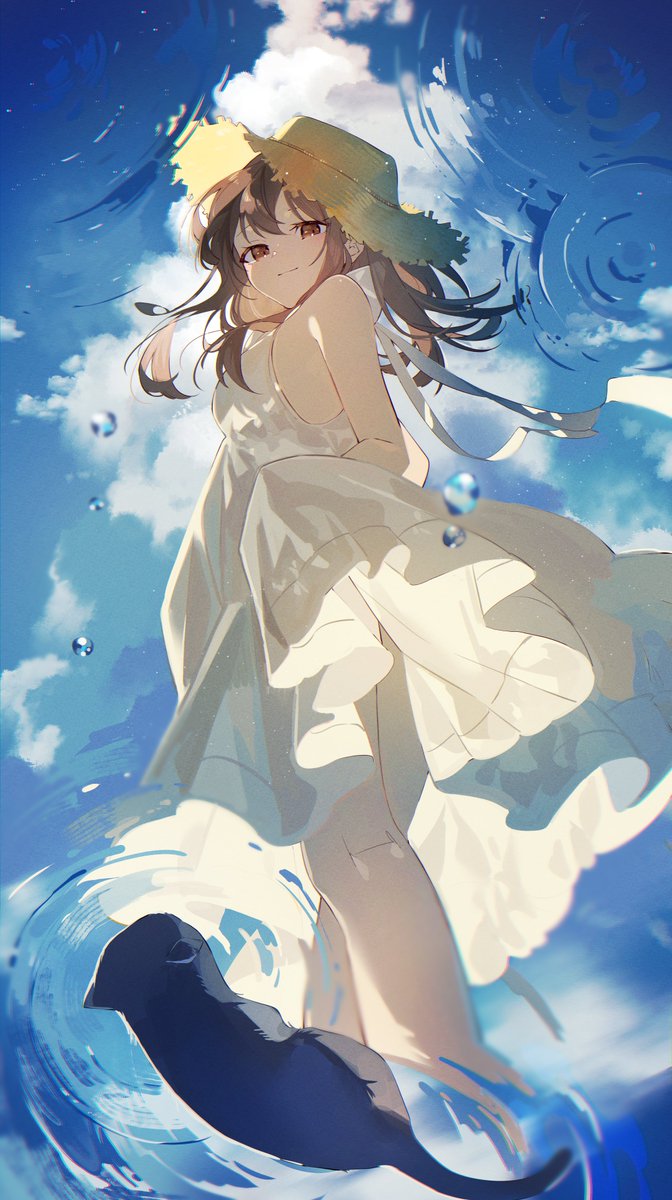 1girl dress hat sky white dress cloud brown hair  illustration images