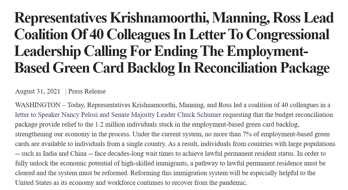 Sincere gratitude to <a href="/CongressmanRaja/">Congressman Raja Krishnamoorthi</a> <a href="/RepKManning/">Congresswoman Kathy Manning</a> &amp; <a href="/RepDeborahRoss/">Congresswoman Deborah Ross</a> for leading delegation letter urging <a href="/TheDemocrats/">Democrats</a> leadership <a href="/SpeakerPelosi/">Nancy Pelosi</a> &amp; <a href="/SenSchumer/">Chuck Schumer</a> to include relief for skilled legal immigrants in reconciliation.

Many thanks to our volunteers for calling their reps.