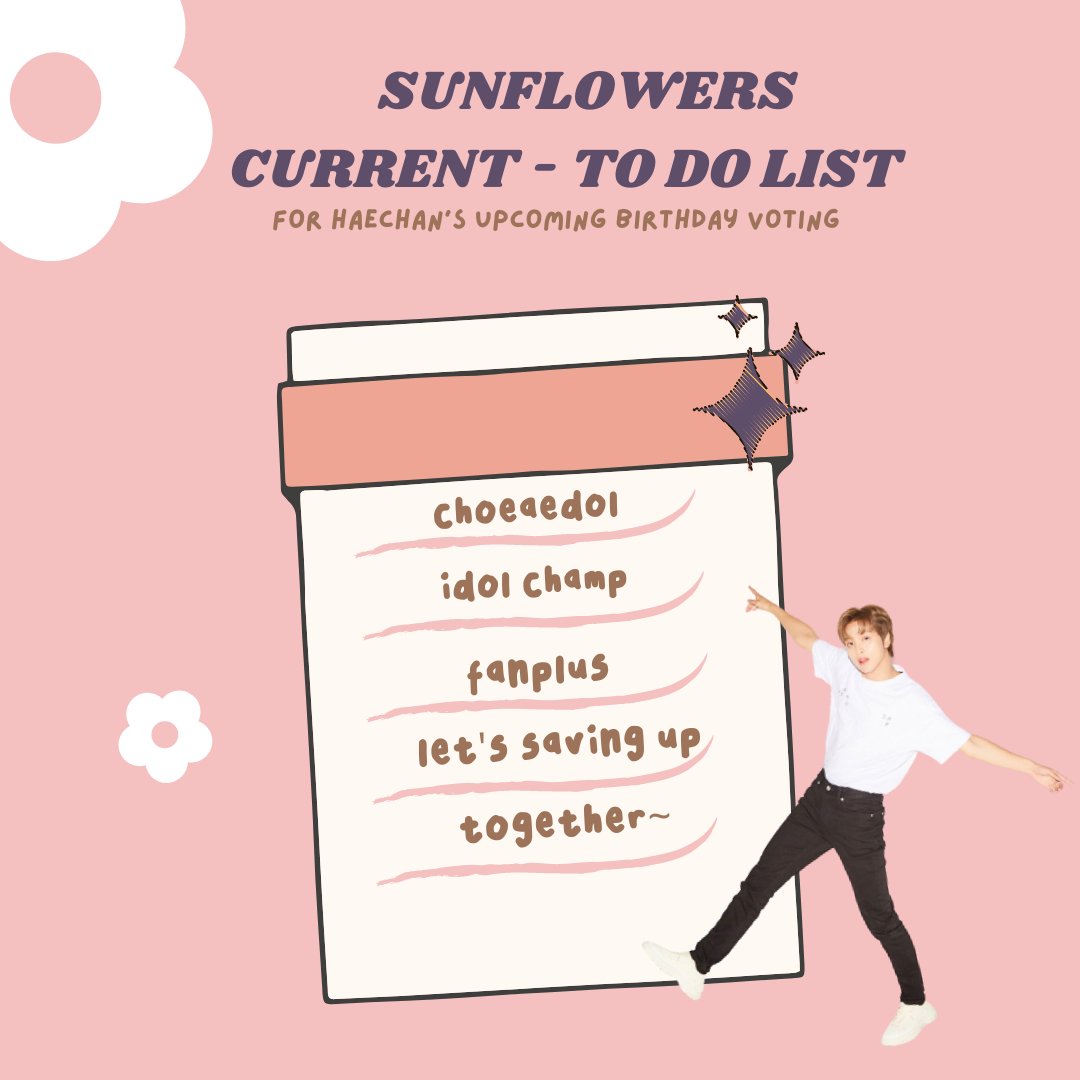 haevitteam's tweet photo. 📝Sunflowers current to do list for Haechan upcoming birthday vote!

✔ choeaedol (daily &amp; ever heart❤️)
✔ idol champ (ruby💗) 
✔ fanplus (coin🪙)

guide : 
• https://t.co/0Ydq097kTU
• https://t.co/he6x9UnZyv

#HAECHAN #해찬 #NCT해찬 https://t.co/YBWapYLotb