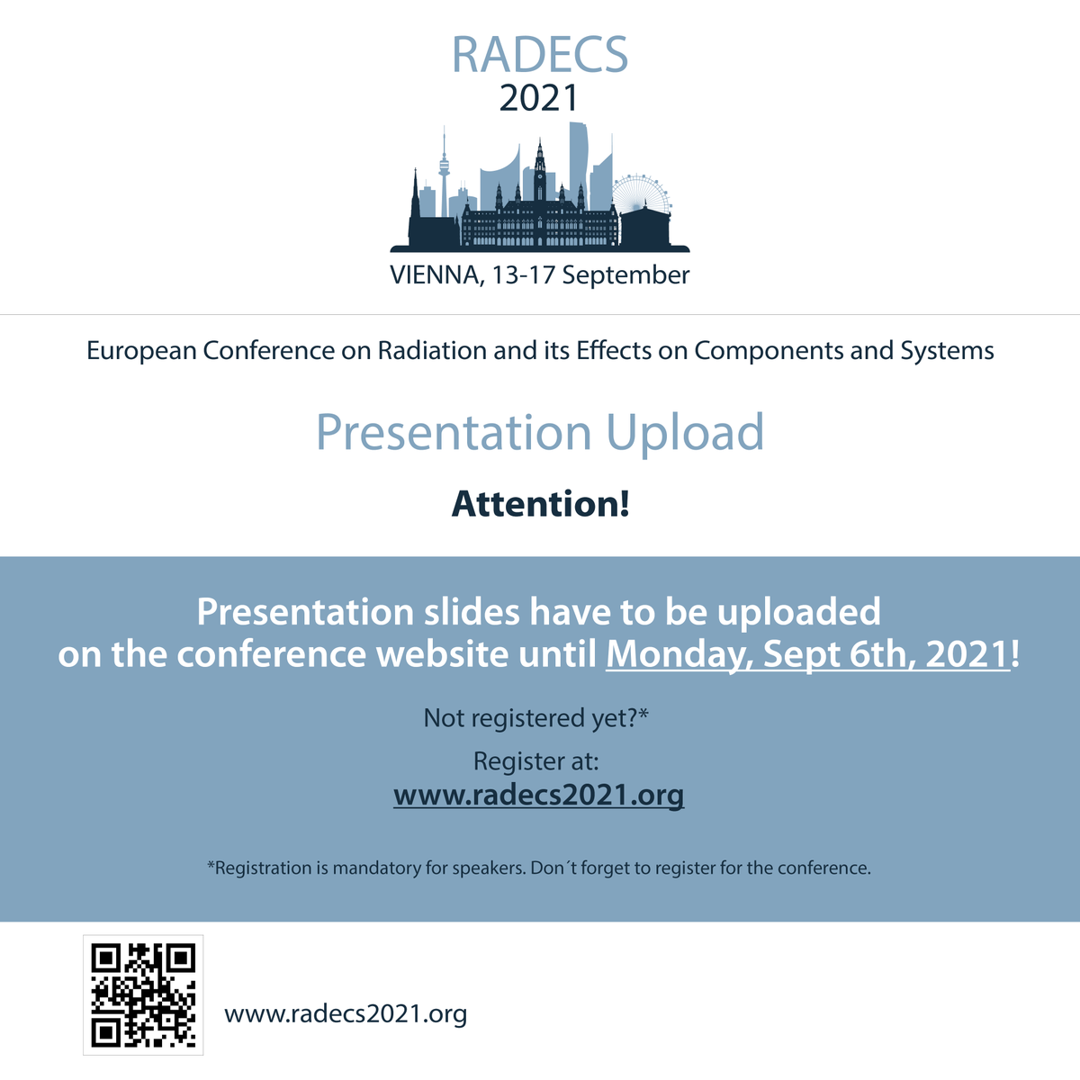 radecs2022's tweet photo. Authors must upload the presentation on the conference website until next Monday! Guidelines for the preparation of both oral presentation and posters can be found under the Authors Instructions section. https://t.co/PliNAjIGZp

#RADECS2021 #radiationeffects https://t.co/8wnQIXfUBQ
