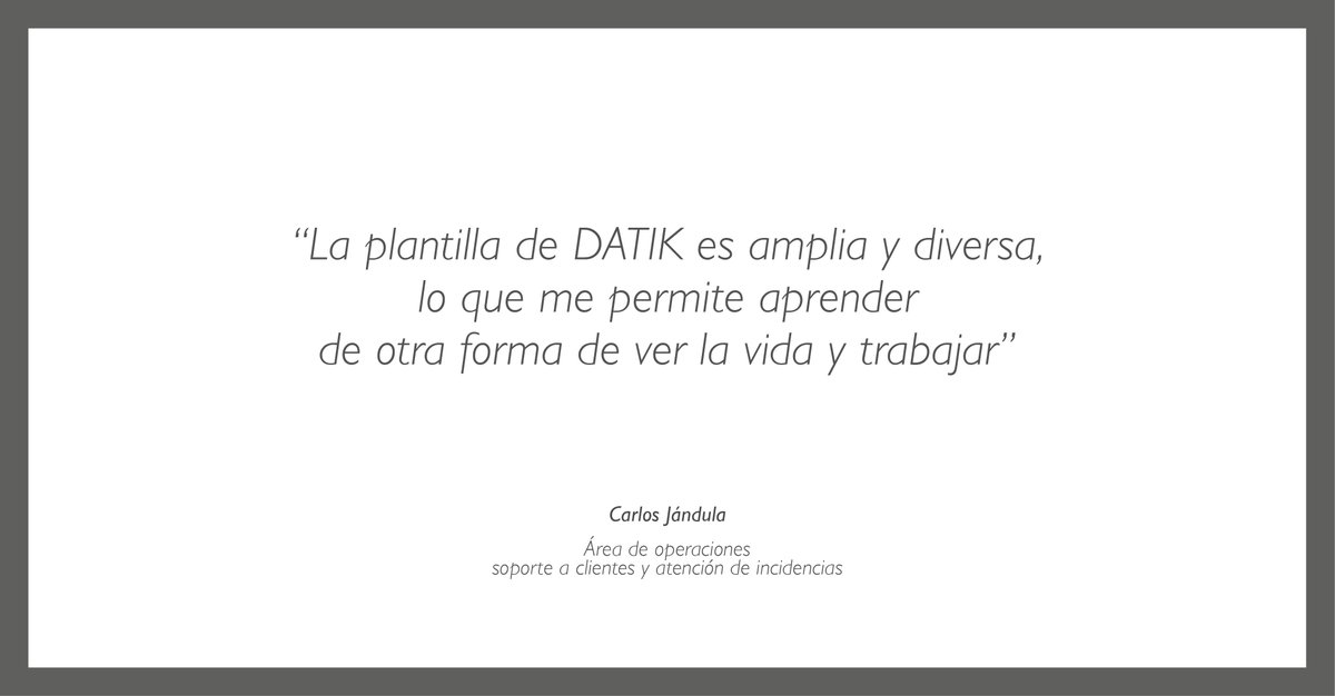 ITS_Datik's tweet photo. Carlos Jándula: "Lo que más me gusta de Datik es la facilidad y la velocidad de crecimiento que tiene. Además, lo hace de una manera muy sostenida y teniendo en cuenta a las personas".
Conoce todo su testimonio en este video: https://t.co/fQQyojY5hY
#DatikTeam #Datik https://t.co/1Ek467dBY1