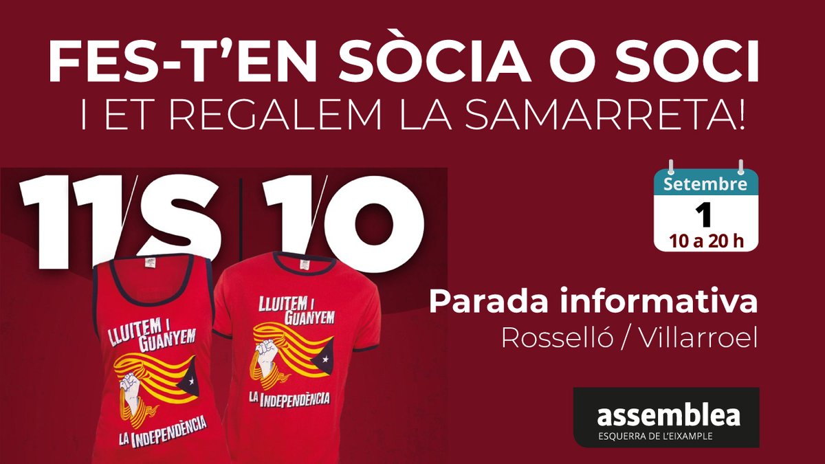 ◼️◻️ℹ️ Parada informativa de l'Assemblea a l'Esquerra de l'Eixample.
👉 Fes-t'en sòcia o soci i et regalarem la samarreta
📅 Avui dimecres 1 setembre
📌 Rosselló / Villarroel
🕚 10.00 a 20.00 h.

#LluitemiGuanyem #Diada2021 #Independència