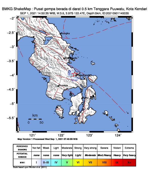 infoBMKG's tweet photo. #Gempa Mag:3.6, 01-Sep-21 14:50:35 WIB, Lok:3.97 LS, 122.47 BT (Pusat gempa berada di darat 0.5 km Tenggara Puuwatu, Kota Kendari), Kedlmn:5 Km Dirasakan (MMI) III-IV Kendari #BMKG https://t.co/KXTq6gJVNP