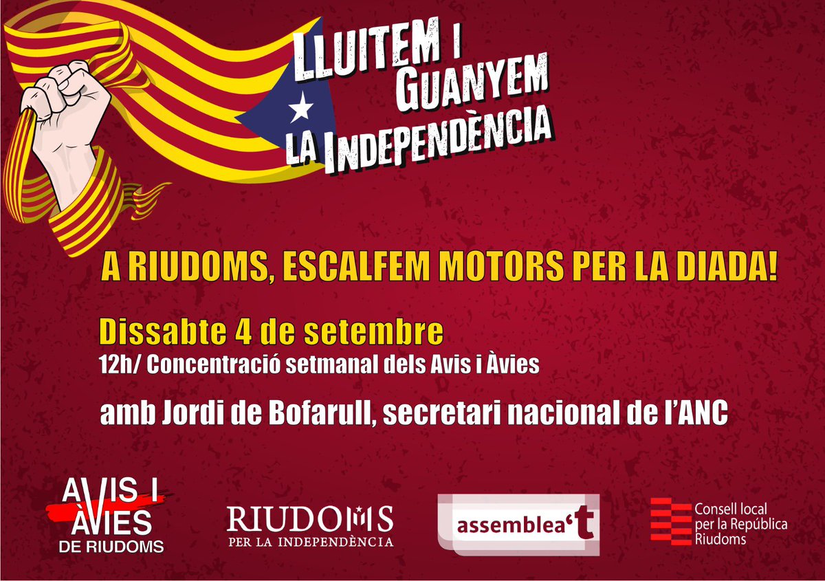 🟥A #Riudoms, escalfem motors per la diada! ✊

Com cada dissabte, concentració setmanal dels avis i àvies, a les 12h a la plaça!  

👉Aquest dissabte amb <a href="/jdbofarull/">Jordi de Bofarull</a> , secretari nacional de l'ANC!

Aquest 11-S, tornem als carrers per la independència!

#LluitemiGuanyem