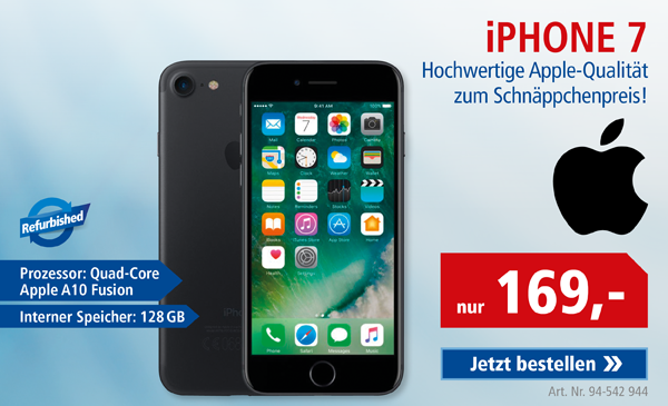 🔔!!Hochwertige Apple-Qualität zum Schnäppchenpreis!! 🔔📱
Neu im Sortiment: iPhone 7 refurbished für nur 169,- €

Begrenzt verfügbar und nur solange Vorrat reicht!

Jetzt entdecken unter: ow.ly/MkHM50G1kS8