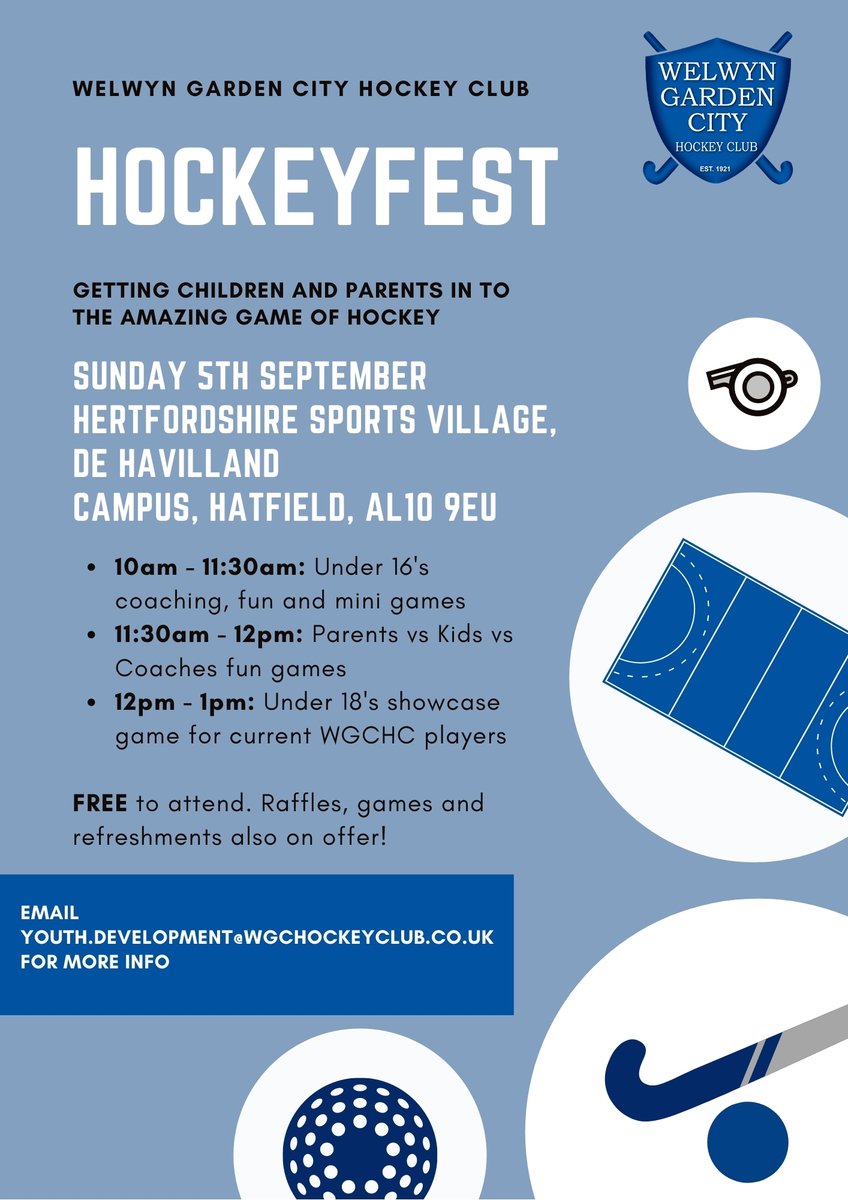WGC_HC's tweet photo. Help us spread the word about our #HockeyFest event happening this Sunday 5th Sept at deHavilland Sports Village. All abilities welcome @WelHatSports @WelHatSSP #hockey https://t.co/CpVo5erZVz