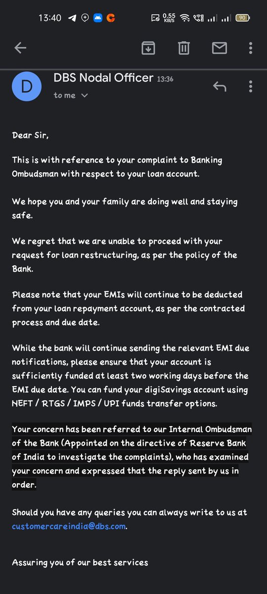 El_Satanas666's tweet photo. Even after complaining to @RBI Dbs bank again denied restructuring. What kind of idiotic behaviour is this? I have not got any kind of help from @digibank even after multiple attempt.
#DigiBank https://t.co/p6vwwYeOka