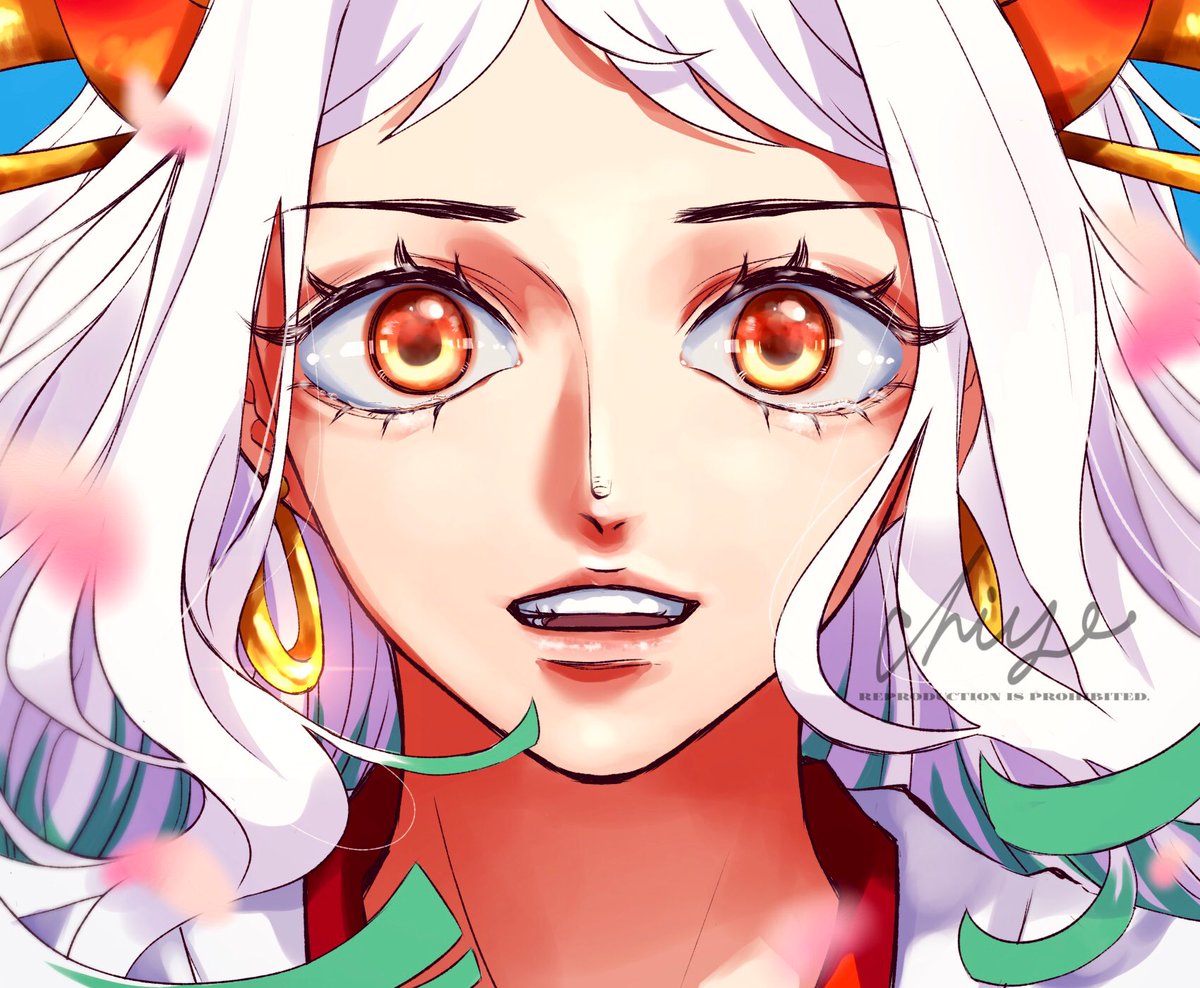 yamato (one piece) 1girl solo horns earrings jewelry white hair looking at viewer  illustration images