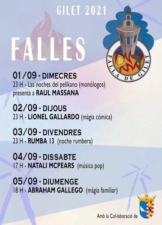 FallaDeGilet's tweet photo. 🗓 Programació cultural d’aquestes #Falles2021 a la que convidem a tot el poble 👋 Els espectacles seran a la plaça

#FallaDeGilet 🔥 #GiletEnFalles @AjGilet https://t.co/iHwrlLxZgL