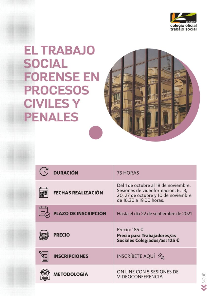 ColegioTSMadrid's tweet photo. #FormaTSMadrid: El trabajo social forense en procesos civiles y penales
✔️75 horas
✔️Online + videoconferencia
✔️Inscripción hasta el 22/9: https://t.co/WDQLcTOUfS
✔️Más información: https://t.co/sBFfGv4JV4 https://t.co/WE7A7bGhJc