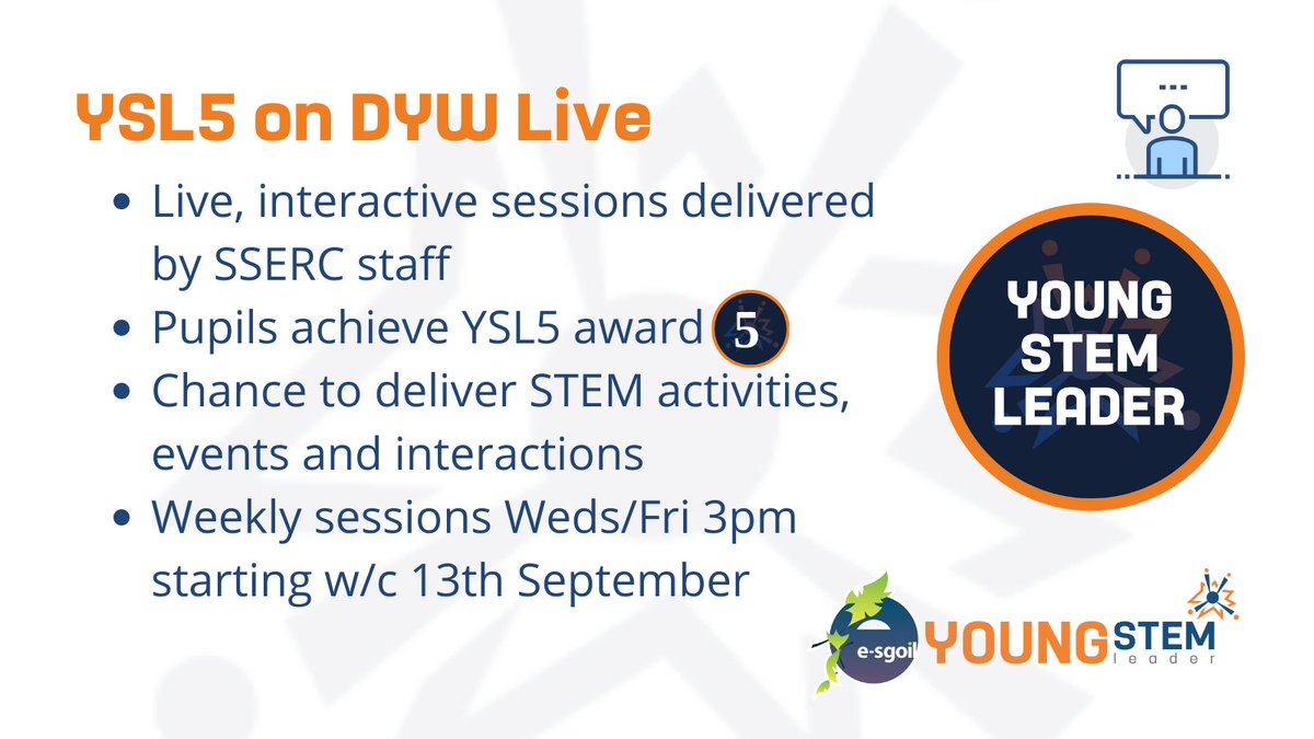 YoungSTEMLeader's tweet photo. Young people in Scotland have the chance to achieve a YSL5 award at SCQF Level 5 on the exciting @eSgoil platform!

Plenty of spaces are available. Find out more and book at https://t.co/TP7UNYTKA6 https://t.co/Ija9eNo4Bt