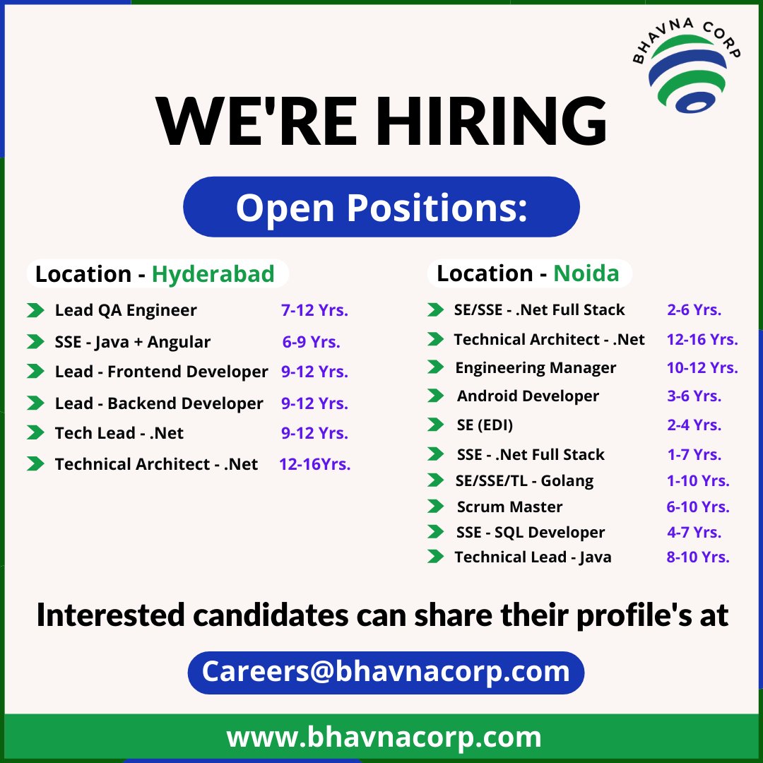 BhavnaCorp's tweet image. @BhavnaCorp is hiring for Multiple Positions for Noida & Hyderabad. Interested and suitable candidates apply below.
#NowHiring #QAArchitect #DotNetArchitect #Architect #BhavnaCorp #IT  #Strategy #Job #Vacancy #NowOpen #JobPostings #India