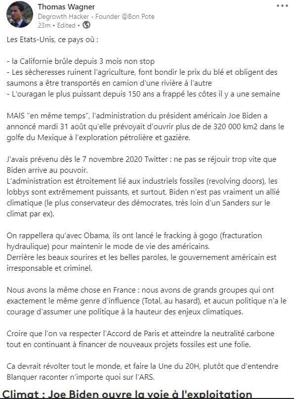 BonPote's tweet photo. J'avais prévenu dès le 7 novembre 2020 sur Twitter : concernant le climat, ne pas se réjouir trop vite de l'arrivée de Biden.

En pleine urgence climatique, le gouvernement américain continue le 'train de vie des Américains n'est pas négociable". https://t.co/n6m40akDGj