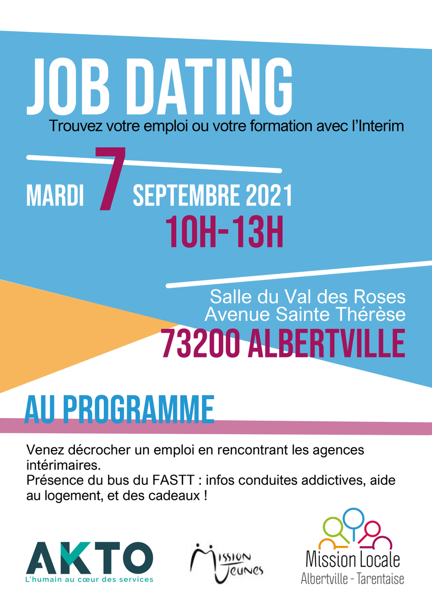 Job dating intérim le 07 septembre de 10 h à 13 h à #Albertville, organisé par la <a href="/mlj_tarentaise/">MLJAT</a> et AKTO dans le cadre de missions jeunes.
On vous attend nombreux !