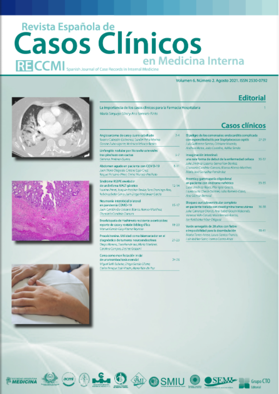 RECCMI_SEMI's tweet photo. 🆕Publicado el Volumen 6⃣-Núm. 2⃣ de 2021 de la Revista Española de #CasosClínicos en #MedicinaInterna (#RECCMI) de @Sociedad_SEMI🩺¡No te lo pierdas!👉https://t.co/utBtHLUuVh
#SEMItuit @RECCMI_SEMI @GrupoCTO
🔵Casos clínicos de este número⬇️ https://t.co/RDfTUjsWoH