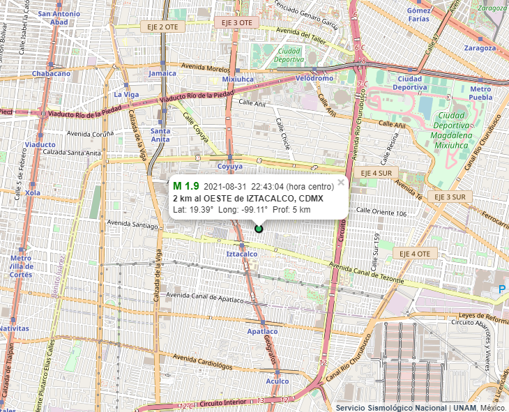 SkyAlertMx's tweet photo. SSN reporta sismo de magnitud 1.9 (22:43 h) con epicentro en CDMX, cercano al cruce eje 3 y Canal de Tezontle.

No se reportó percepción por baja magnitud y foco a 5 km de prof.

Sismos previos en la capital que sí han sentido tuvieron profundidades entre 1 a 3 km.

#SismoCDMX https://t.co/9vKk7Ofg4o