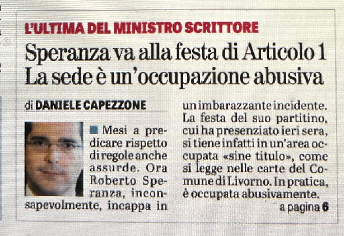 Capezzone's tweet photo. +++Oggi su @laveritaweb+++
Incredibile Speranza, festa di Articolo Uno a Livorno in un impianto oggetto di "occupazione sine titulo". La denuncia del consigliere leghista Alessandro Perini e le carte del Comune che parlano chiaro... https://t.co/KkuBwZPDPw