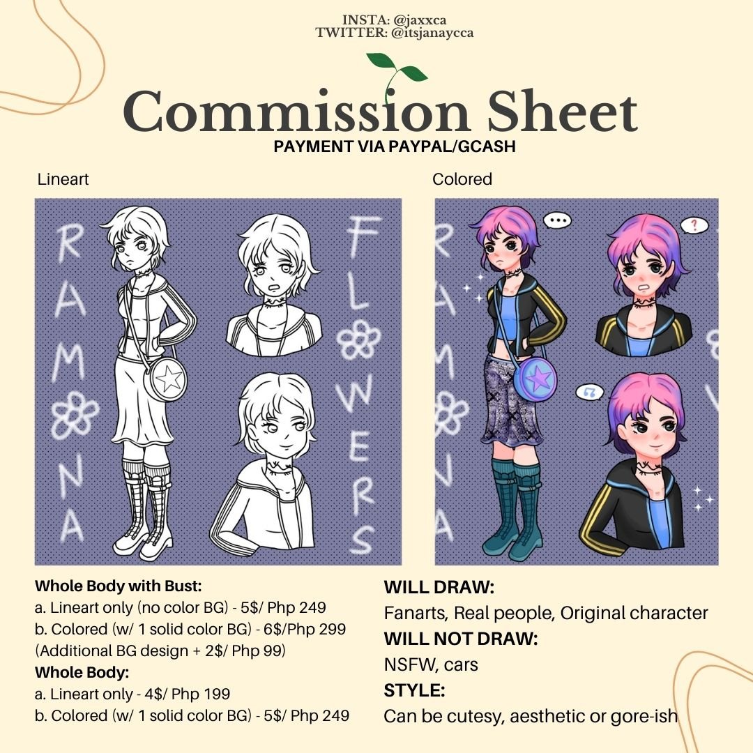itsjanayca's tweet photo. I'm open for commissions! ✨ (Again) I badly need the money for OL Class 😭.

If interested &amp; more info, slide into my DM. (IG): @jaxxca
 (Twitter): @itsjanaycca 

Rt/like is appreciated. Thanks! 🧡

#commissionsopen #artph #ArtistOnTwitter #commissions #CommissionSheet https://t.co/KYITNRvvds