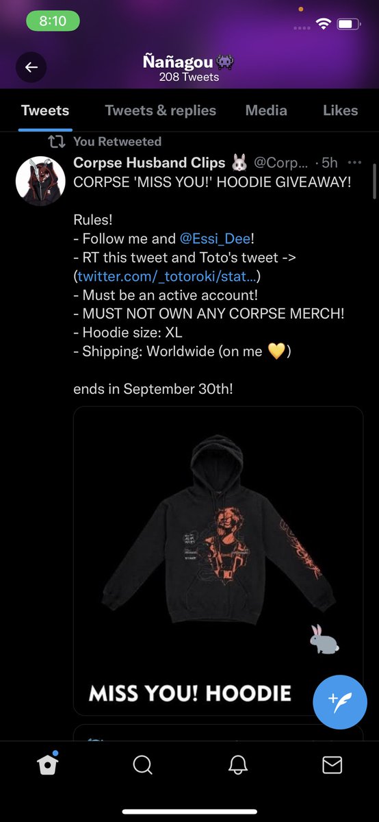 nanagou__'s tweet photo. @CorpseClips @Essi_Dee So happy this came up!! I was so sad that I literally was broke af when he’s was dropping the last hoodie merch! Best of luck everyone 🙌🏼 https://t.co/Wmsir0QiIL