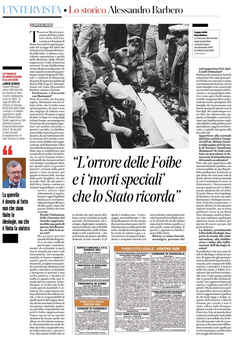 francofontana43's tweet photo. “L’orrore delle Foibe e i «morti speciali» che lo Stato ricorda”
Lo storico Alessandro Barbero fa chiarezza sul polverone montato in reazione ad alcune dichiarazioni di @tomasomontanari.
E osserva: “Non sono finite le ideologie, è finita la sinistra”
Daniela Ranieri, Il Fatto https://t.co/f3tiWgFmp4