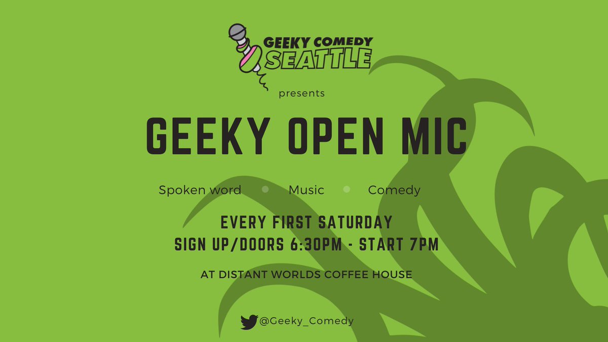 Geeky_Comedy's tweet photo. Join this month's #GeekyOpenMic on Saturday, Sept 4 @dw_seattle!
🎙️Comedy, music, spoken word
🤓Start at 7 pm
🗒️ Sign-up/Doors 6:30 pm
😷Please mask up when not performing, drinking, or activevly putting food in your mouth!
🐙See you there!
#GeekyComedy #NerdyComedy #OpenMic https://t.co/2yNU2KZoYO