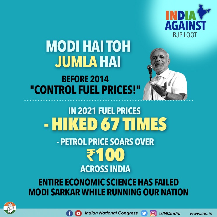 INCMizoram's tweet photo. 67 hikes in fuel prices in the last 8 months. 
Petrol costs over Rs. 100 per litre. 
The people of India surely are "atmanirbhar" at the hands of the Modi govt.

#IndiaAgainstBJPLoot https://t.co/xvXAKBAj3f