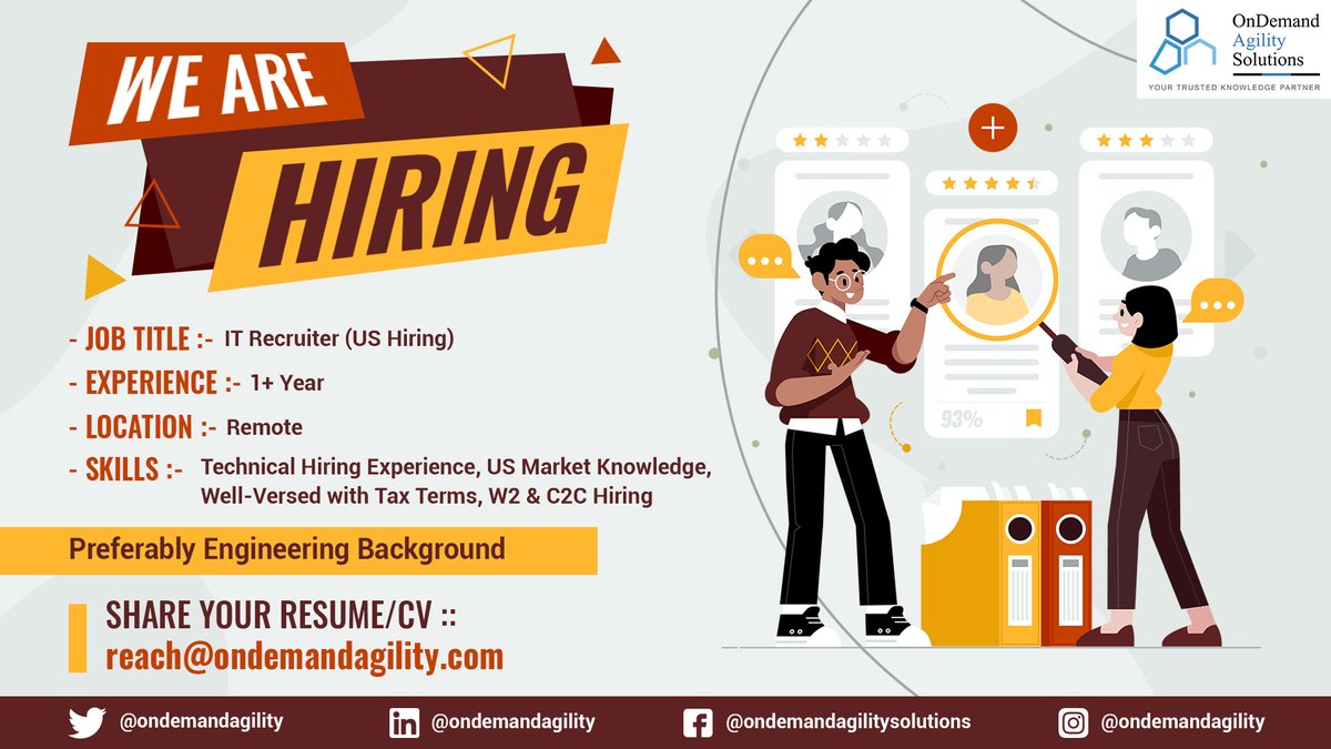 ondemandagility's tweet photo. Drop in your CV to :: Reach@ondemandagility.com
Subject β Location :: Role :: Experience
#TechHiring #IT #Technology #TaxTerms, #USHiring #W2Hiring #ATS #C2C #ITRecruiter https://t.co/i0OK7SlZZf