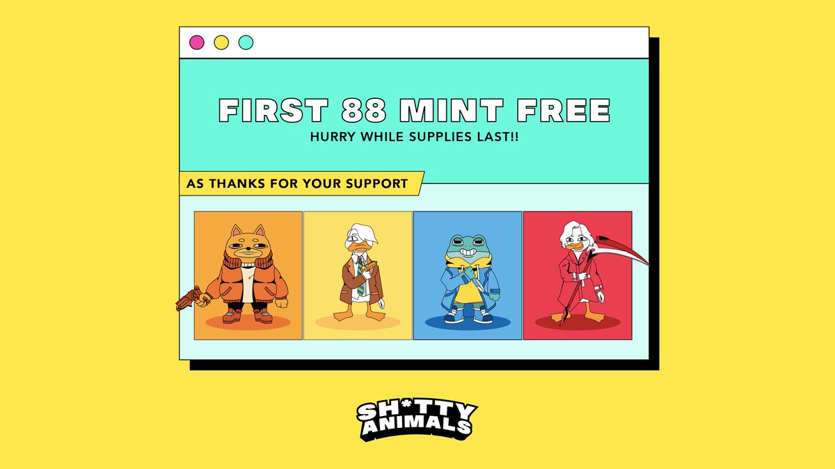 Shitty_Animals's tweet photo. Minting will be live tomorrow at 4:30pm PST! Get Ready! First 88 NFTs will be free! Mint your favourite animal at https://t.co/RIT4hzsJEC.
#ShittyAnimals #NFTCommunity #NFTGiveaway #NFTshill #NFTdrop #NFTLAUNCH https://t.co/csnohDNvuZ