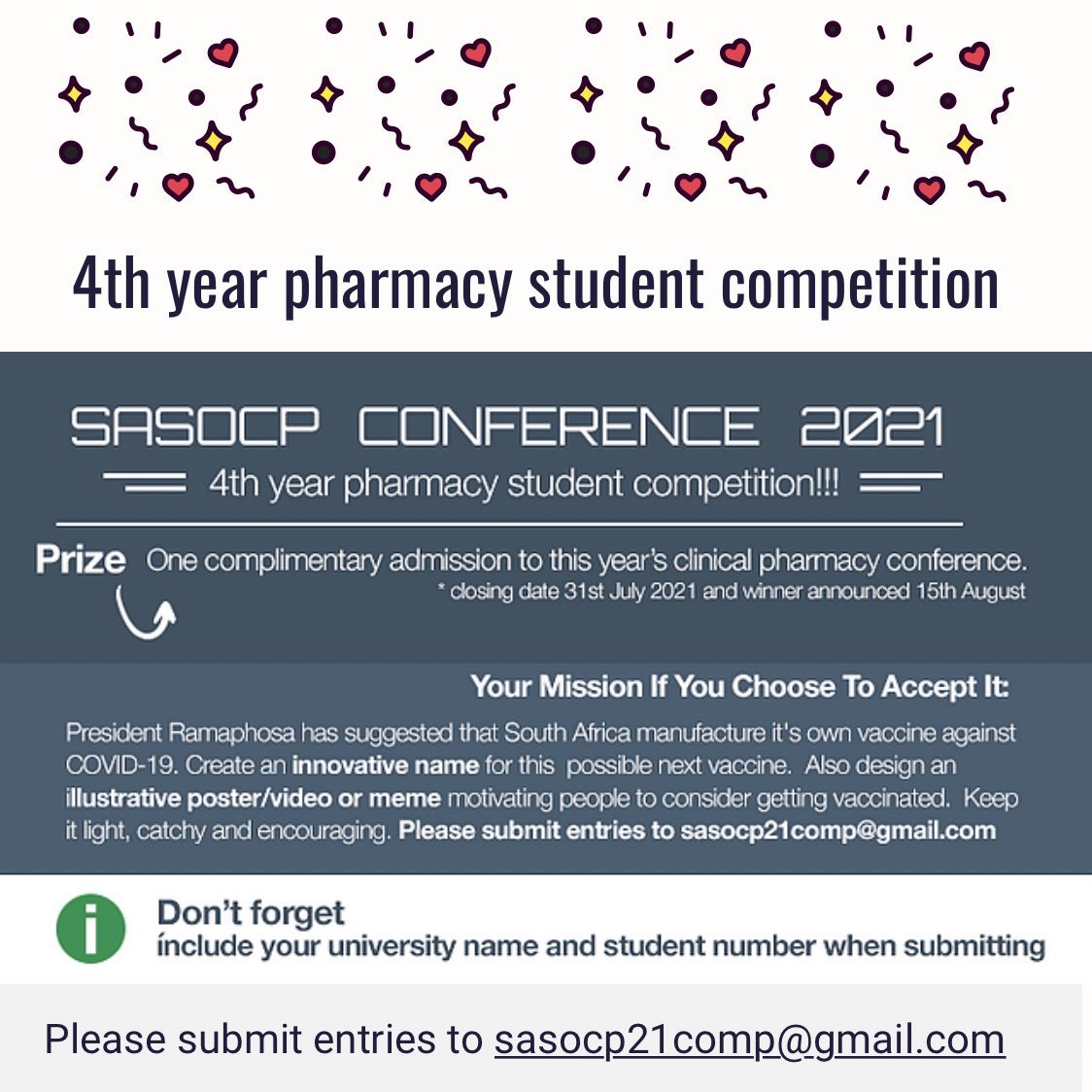 SASOCPKZN's tweet photo. Congratulations to Zamahlubi Hadebe from @UKZN on being one of the 4th pharmacy students, who won a paid sponsorship to this years @sasocp conference! @EssackSabiha #clinpharm https://t.co/TeI3YI1HUk