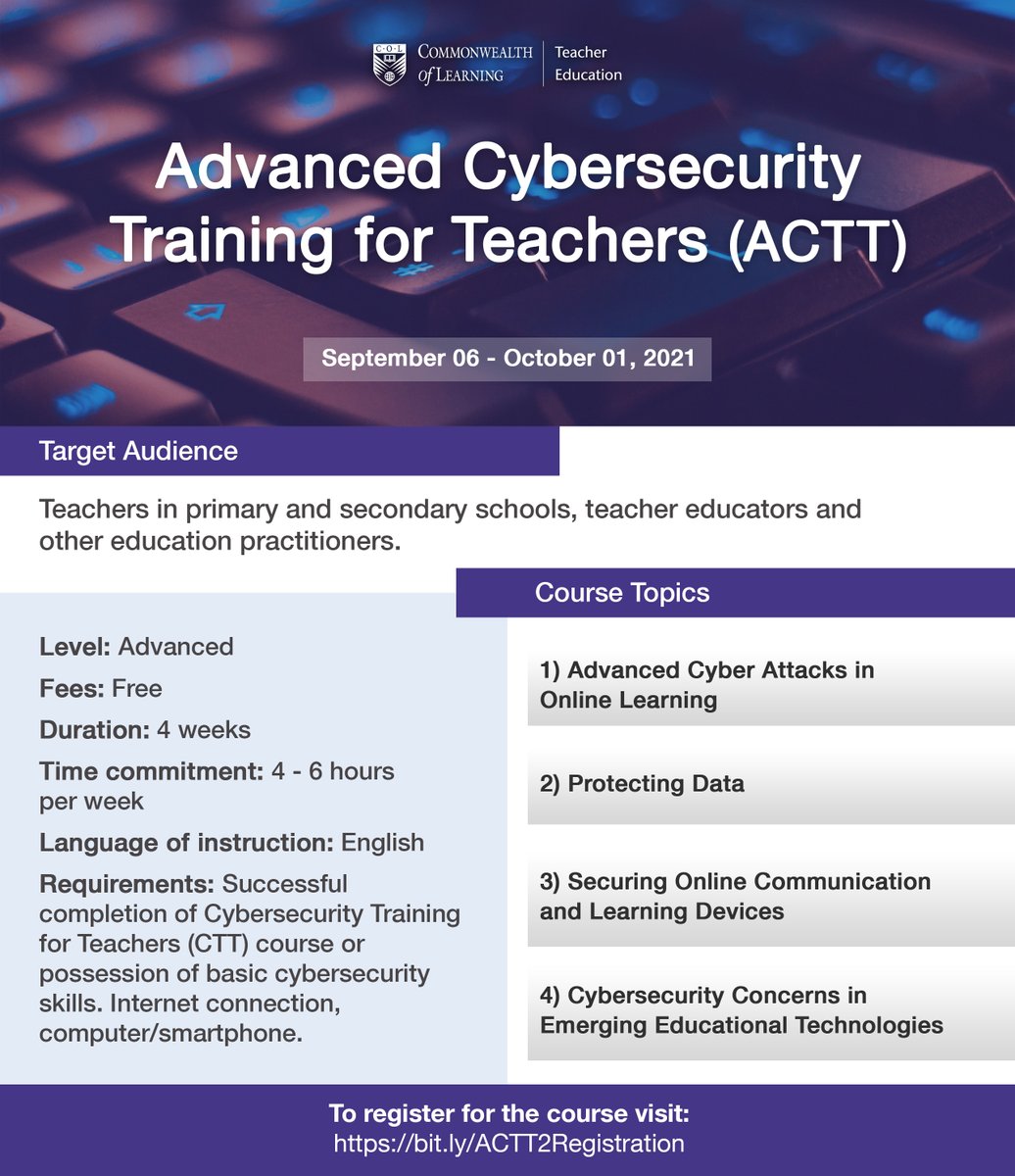 eKRAALhub's tweet photo. Together with @COL4D  the Advanced #Cybersecurity #Training for Teachers online course  is now OPEN for registration!!

For more information and eligibility, visit:  https://t.co/4XFyNp8tmP

#ACTT2
#Cybersecurity
#DataProtection
#BeSafeOnline
#infosec https://t.co/5gLZvWmOI7