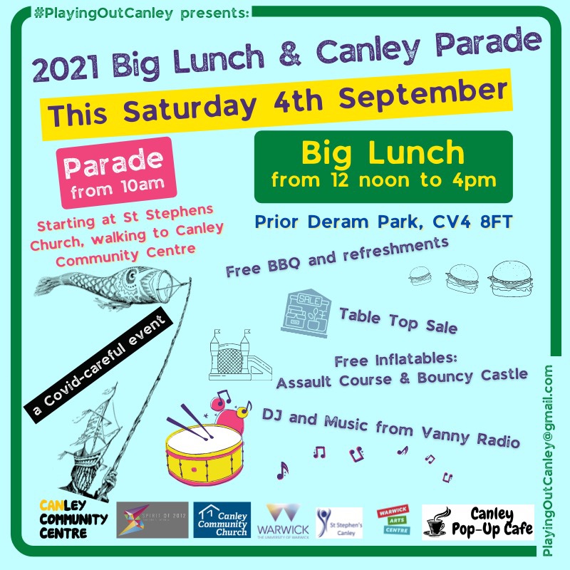 corbettam's tweet photo. Canley Parade and Big Lunch this Saturday 
EVERYONE WELCOME 
Lots to see and do

Table Top Sale, Uniform Bank, Raffle, Blood Bike, Ice Cream Van, Crafts, Free Barbeque, Food Hub Donation table, Free Refreshments, Bouncy Castle, Assault Course, DJ with Music 
Lots of fun for all https://t.co/1KJMLVJPAz