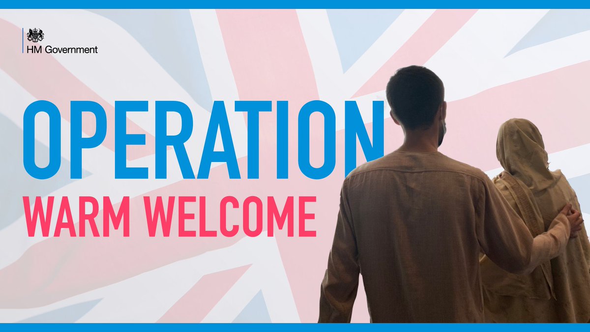 Image of two Afghan people arriving in the UK. Text reads: Operation Warm Welcome.
