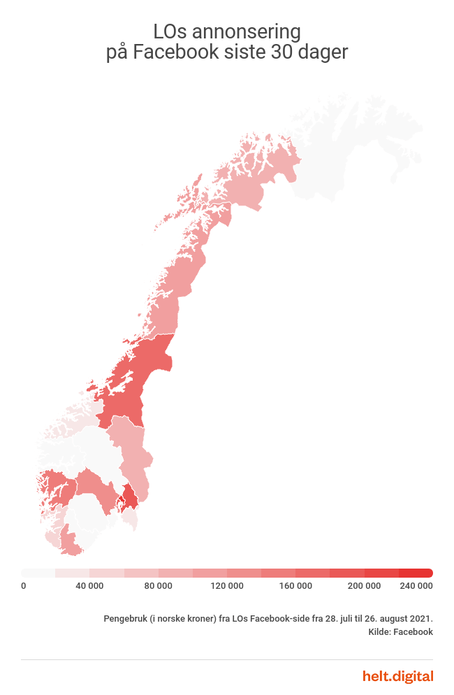 heltdigital's tweet photo. Geografisk spredning for annonser fra LOs Facebook-side fra 28. juli til 26. august: https://t.co/uNujrjpot5
