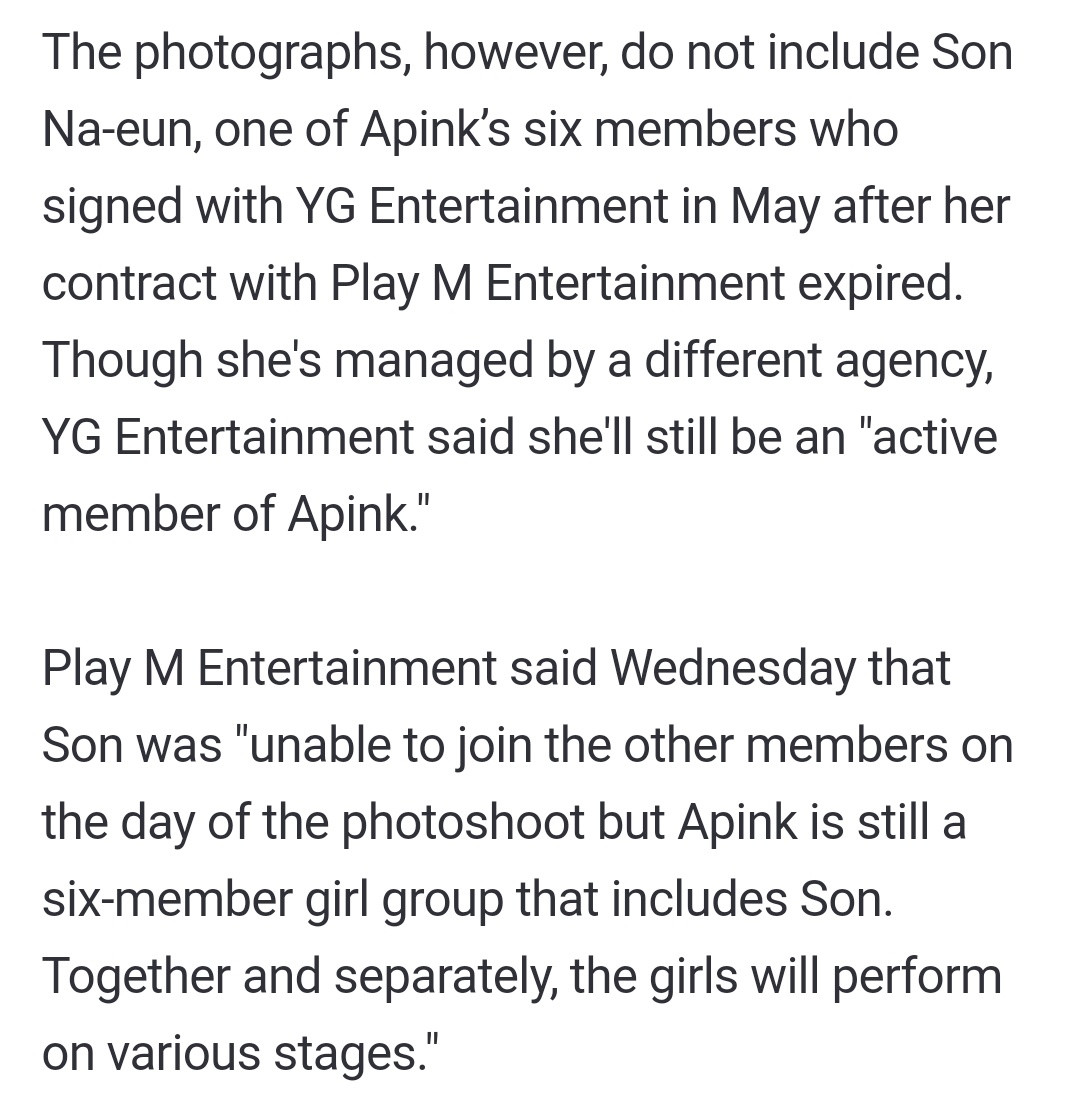 fiercelyapink_'s tweet photo. YG Entertainment: she'll still be an 'active member of apink'

Play M Entertainment: "Apink is still a 6 member girl group that includes Son Naeun, Together and separately, the girls will perform on various stages."

https://t.co/vC1WwpcdZv https://t.co/tEuWKxyqQs