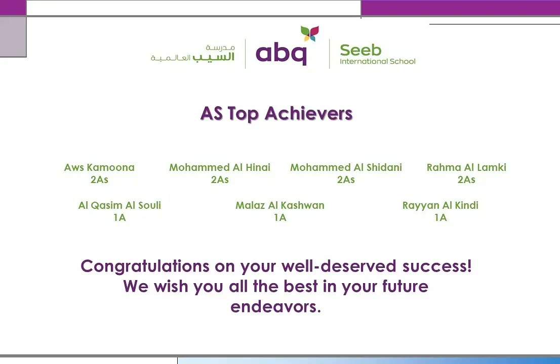 Abqseeb's tweet photo. Well-done to our #ASLevel Top Achievers!
We are so proud of you and we wish you all the success in your A2 Level this year and in your future endeavors!
نهنئ و نبارك التفوق لطلاب البرنامج الدولي الـ AS، و نتمنى لهم مزيداً من التفوق في سنتهم الأخيرة (A2) وفي حياتهم المستقبلية. https://t.co/UZkiWAIjL8