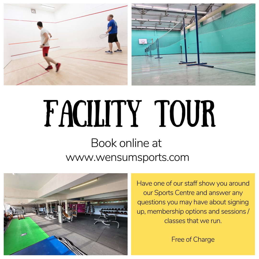 Book your facility tour today online at wensumsports.com

Have one of our staff show you around our Sports Centre and answer any questions you may have about signing up, membership options and sessions / classes that we run.

Free of Charge