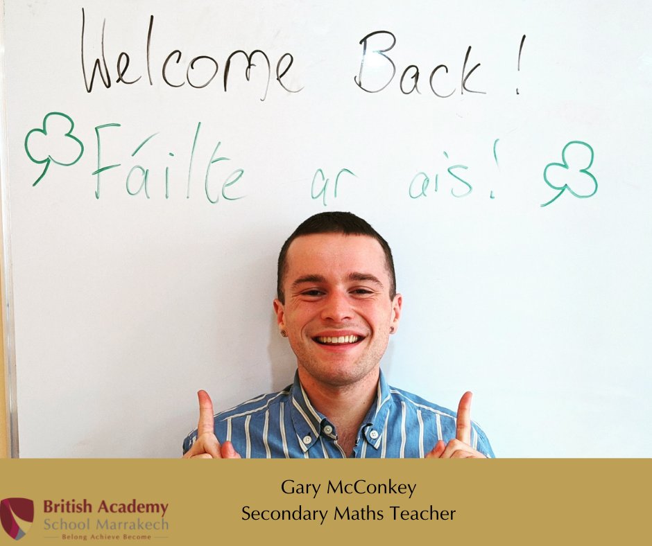 BASM42106732's tweet image. An enthusiastic Gaelic welcome from our secondary Maths teacher, Gary! 
#BASM #school #education #newteachers #teachers #ireland #irish #northernirish #UK #britisheducation  #England #english #backtoschool #marrakech #morocco #school