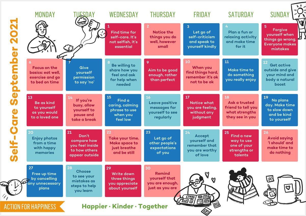 Self Care September - Day 1: Find time for self-care. It’s not selfish, it’s essential actionforhappiness.org/self-care-sept… #SelfCareSeptember