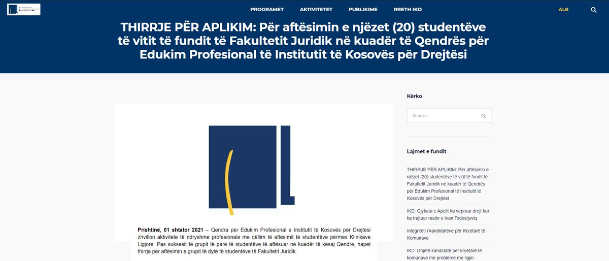 IKD shpall konkurs për njëzet (20) pozita të hapura për studentë të vitit të fundit të Fakultetit Juridik, për mentorim dhe aftësim në praktikë profesionale juridike, në bashkëpunim edhe me institucionet e tjera relevante.- 
kli-ks.org/thirrje-per-ap…