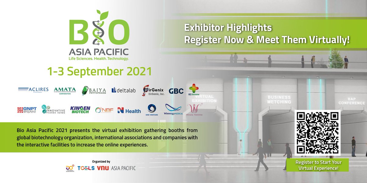 Bio_AsiaPacific's tweet photo. Meet these exhibitors today, from 1-3 September!

#BioAsiaPacific 2021 will also present the virtual exhibition gathering booths from global #biotechnology organization, international associations and companies with the interactive facilities to increase the online experiences. https://t.co/5QD2leo1Ae