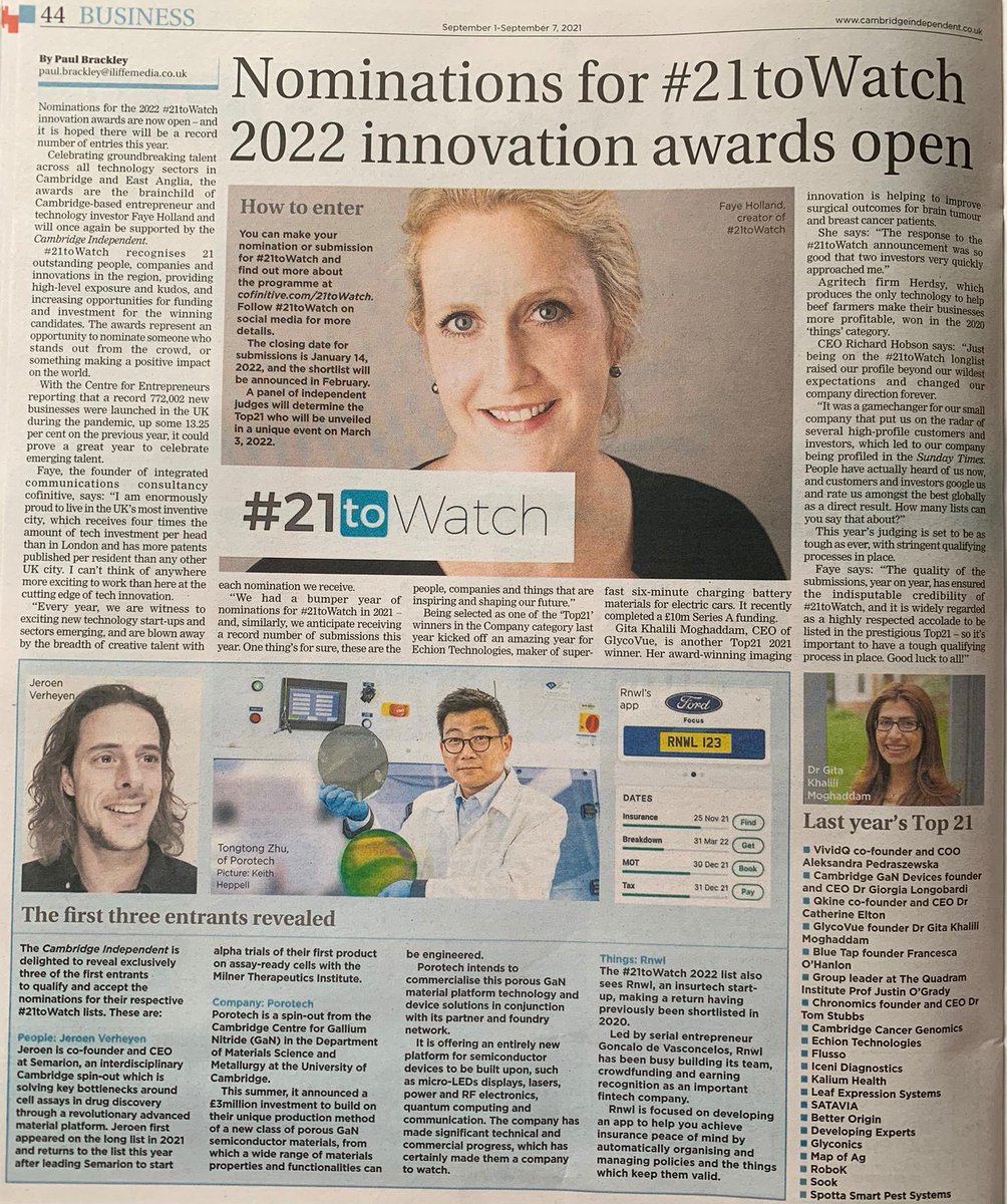 Thrilled to announce that the #21toWatch Award nominations are now open! Congratulations to the first three entrants of the 2022 cohort <a href="/JeroenVerheyen/">Jeroen Verheyen</a> <a href="/Porotech_Ltd/">Porotech</a> and <a href="/RnwlCo/">Rnwl</a>. Every year we're witness to exciting new tech and  are blown away by  each nomination