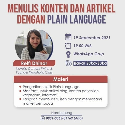 Reffi_angel's tweet photo. Belajar nulis artikel dengan teknik Plain Language bayar semampumu #WordholicClass #WritingClass https://t.co/byV7CQwu7Z
