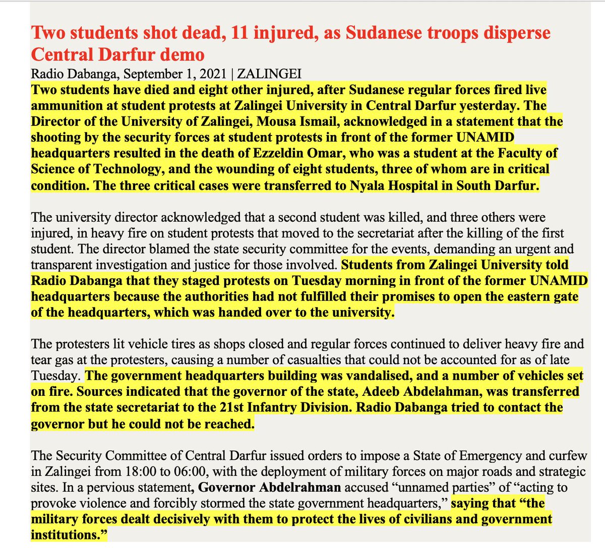 sudanreeves's tweet photo. When regular government military forces (#SAF) use live ammunition to kill and wound student protestors, we know that “civilian governance” is an absurd phrase for the people of #Darfur. Where is newly appointed “governor Darfur” Minni #Minawi? In fear of Khartoum authorities? https://t.co/3oraKaXoLW