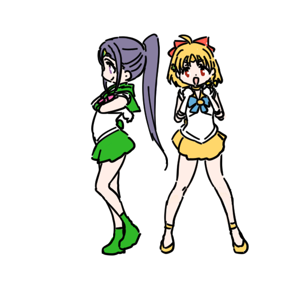 matsuura kanan ,sailor jupiter ,sailor venus multiple girls 2girls sailor senshi uniform skirt cosplay green footwear bow  illustration images