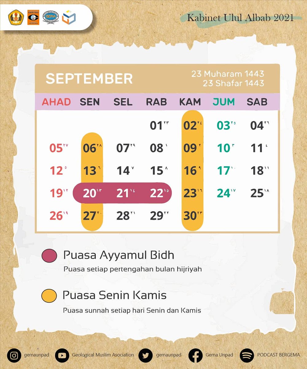 gemaunpad's tweet photo. [Reminder Shaum -Kalender Puasa Sunnah September 2021]

Assalamualaikum akang teteh semuanya,,😊

Pada Bulan September ini terdapat beberapa puasa sunnah yang dapat dilakukan yaitu puasa Senin dan Kamis dan juga puasa ayyamul bidh. https://t.co/3SKU8VYZGM