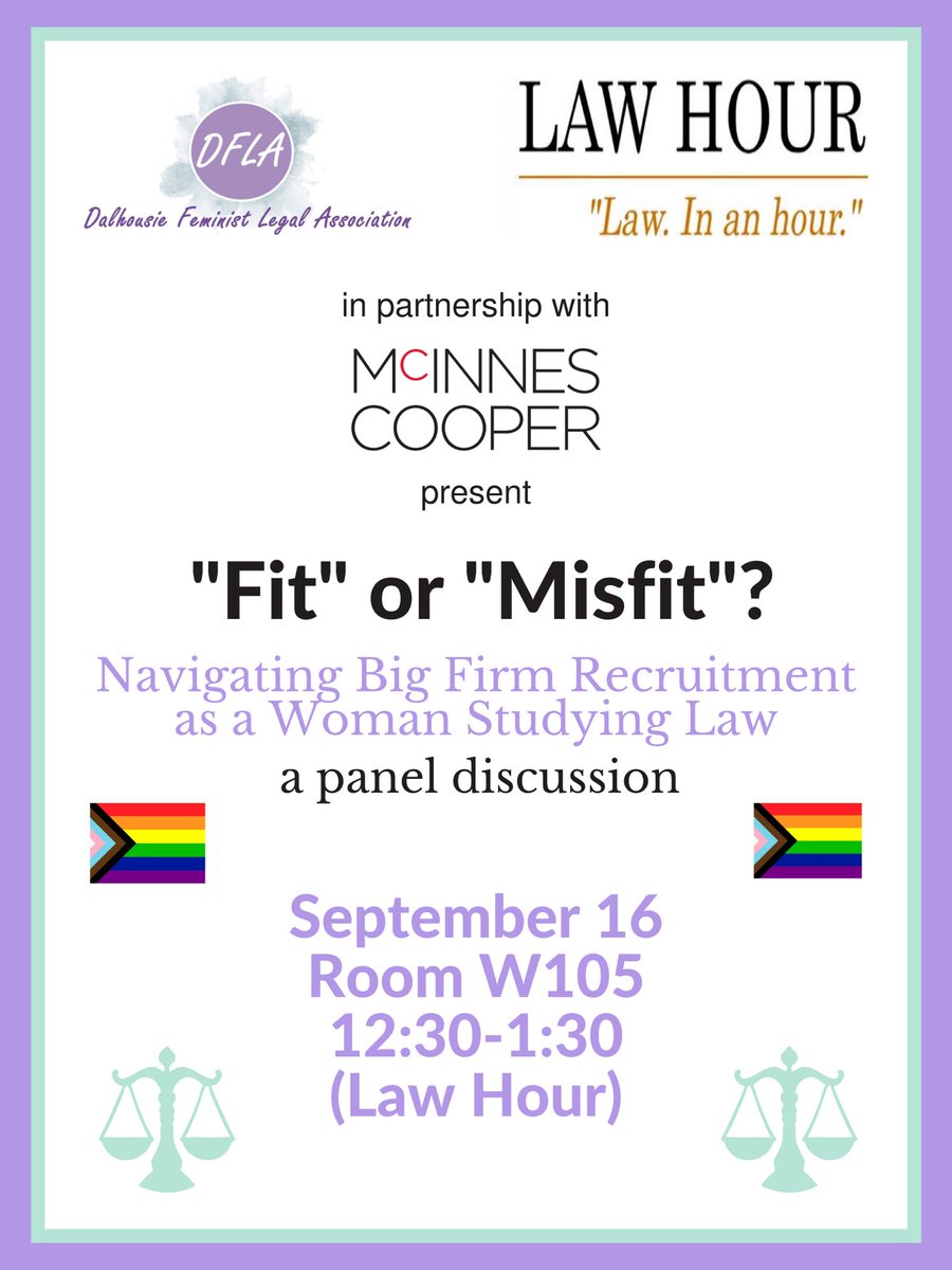 DalLawFeminists's tweet photo. Dal students: SAVE THE DATE! We are tremendously excited to present our first event of the year in collaboration with Law Hour and McInnes Cooper: “Fit” or “Misfit”? Navigating Big Firm Recruitment as a Woman Studying Law. More details here: https://t.co/QhzxcmgPac https://t.co/O1wHkJkDzp