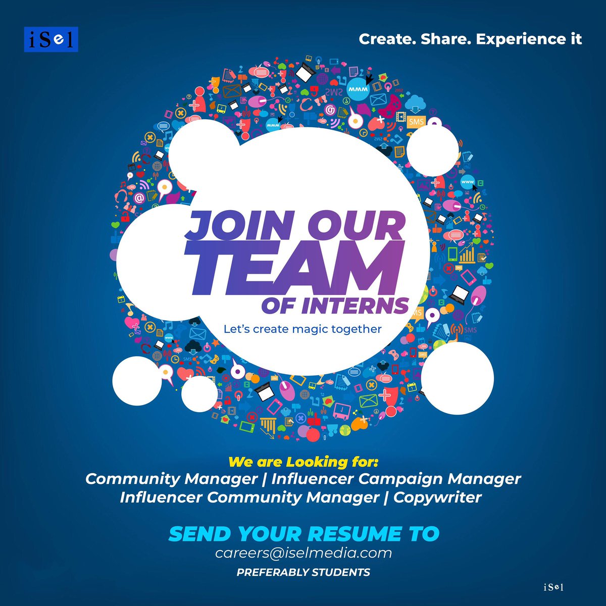 WeAreiSel's tweet photo. Tag a student! We’re looking for creative and smart people to join us in creating and sharing thrilling brand stories and experiences. 

Send Resume to careers@iselmedia.com or submit it in person at our office. 

#TeamiSel https://t.co/cn9hp8TEz1